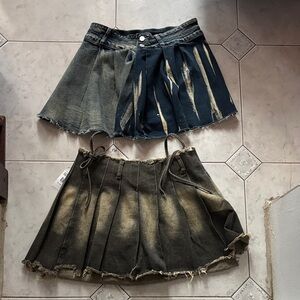 Distressed Denim Maxi Skirt - Blue Tan and Army Beige